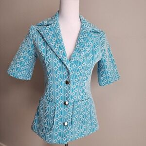 Vintage 70s Turquoise Jacket Womens Small Geometric Textured Safari Mod Disco